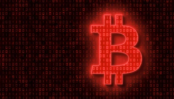 Illustation of bitcoin sign in light red and in the background in dark red a coding of binary code. - abstract background