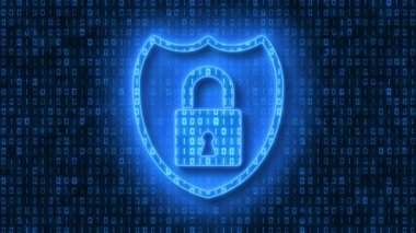 Video animation - Protect sign in light blue and in the background in dark blue a coding of binary code. - moving abstract background