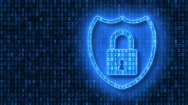 Video animation - Protect sign in light blue and in the background in dark blue a coding of binary code. - moving abstract background