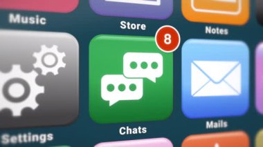 Video animation of a smartphone screen. In focus a chat app with notifications. Moving background.
