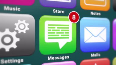Akıllı telefon ekranının video animasyonu. Bildirimli bir ileti uygulamasına odaklan. Arkaplan taşınıyor.