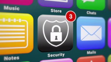 Akıllı telefon ekranının video animasyonu. Bilgilendirmeleri olan bir güvenlik uygulaması. Arkaplan taşınıyor.