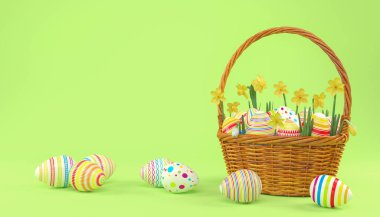 Yeşil arka planda renkli paskalya yumurtaları bulunan 3 boyutlu Paskalya sepeti. - Tatil geçmişi