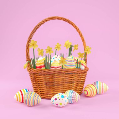 Pembe arka planda renkli paskalya yumurtaları bulunan 3 boyutlu Paskalya sepeti. - Tatil geçmişi