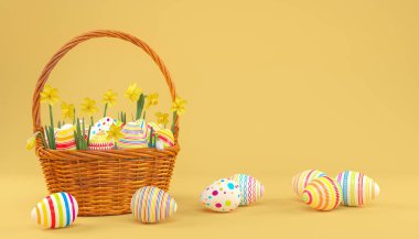 Sarı arka planda renkli paskalya yumurtaları bulunan 3 boyutlu Paskalya sepeti. - Tatil geçmişi