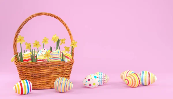 Weergave Van Pasen Mand Met Kleurrijke Paaseieren Roze Achtergrond Vakantie — Stockfoto