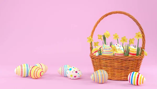 Weergave Van Pasen Mand Met Kleurrijke Paaseieren Roze Achtergrond Vakantie — Stockfoto