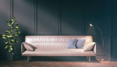 Viktorya döneminden kalma oturma odasının geniş bir kanepesi, lambaları ve çiçekli, lüks klasik oturma odası retro görünümlü hali.