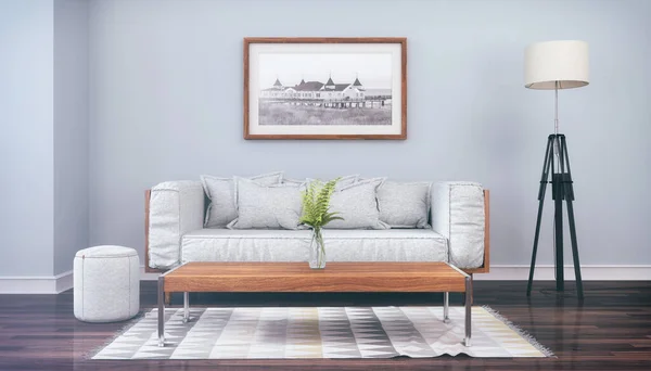 3d render - Scandinavian Nordic living room with a couch, table, carpet, painting on the wall and a lamp - empty picture frames - placeholder - retro look