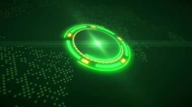 Bitcoin logosunun yeşil renkli video animasyonu ve koyu arka planda yeşil ve sarı HUD - dijital para birimi - kripto para birimi