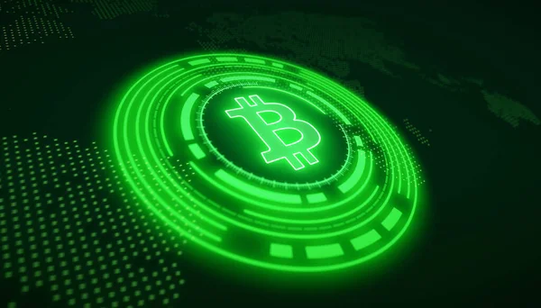 Εικονογράφηση Του Λογότυπου Bitcoin Πράσινο Hud Σκούρο Φόντο Ψηφιακό Νόμισμα — Φωτογραφία Αρχείου