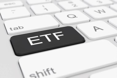 Siyah tuş ve ETF yazıtlı beyaz bir klavyenin 3d görüntülenmesi.