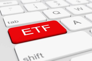 Kırmızı tuşlu ve ETF yazıtlı beyaz bir klavyenin 3d görüntülenmesi.