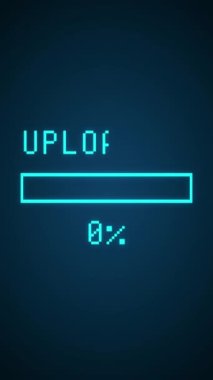 Pikselleştirilmiş bir yükleme çubuğunun dikey video canlandırması ve koyu mavi arkaplana yüklenen ileti - soyut arkaplan