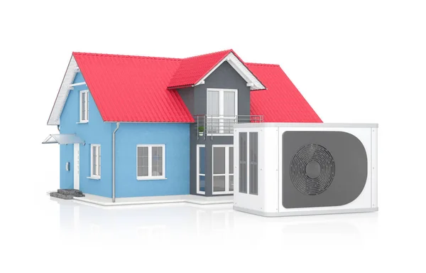 Darstellung Einer Wärmepumpe Hintergrund Ein Blaues Einfamilienhaus Auf Weißem Hintergrund — Stockfoto