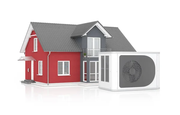 三维渲染热泵 背景为白色背景的红色家庭房屋 — 图库照片