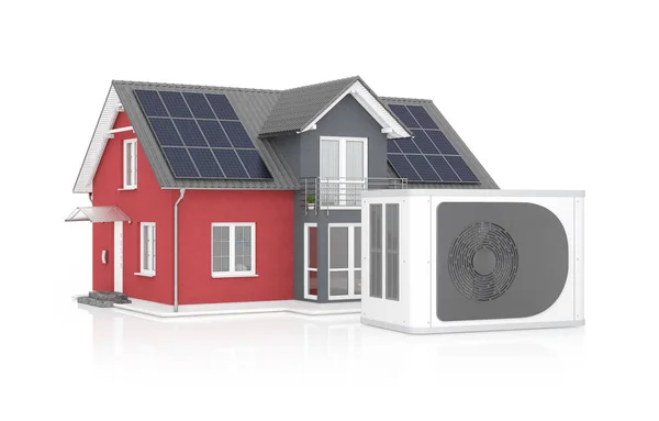 Darstellung Einer Wärmepumpe Hintergrund Ein Rotes Einfamilienhaus Mit Sonnenkollektoren Auf — Stockfoto