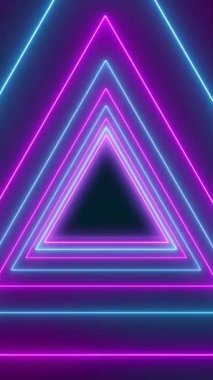 Koyu arkaplanda neon mavisi ve neon mavisi olan birçok üçgenin dikey video animasyonu. - Soyut arkaplan - Kusursuz döngü