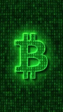Dikey video animasyonu - Bitcoin işareti açık yeşil ve arkaplanda koyu yeşil kod kodlaması. - soyut arkaplan taşınıyor