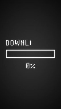 bir pikselli yükleme çubuğunun dikey video animasyonu ve koyu arkaplanda indirilen ileti - soyut arkaplan