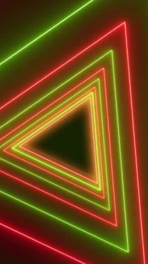 Birçok neon yeşil üçgenin dikey video animasyonu ve koyu arkaplanda neon kırmızısı. - Soyut arkaplan - Kusursuz döngü.