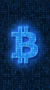 Dikey video animasyonu - Bitcoin işareti açık mavi ve arkaplanda koyu mavi kod kodlaması. - soyut arkaplan taşınıyor.