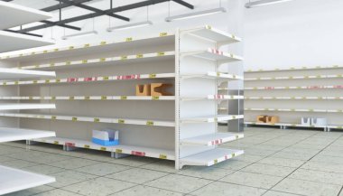 Boş koridorları ve rafları olan bir süpermarketin 3D canlandırması.