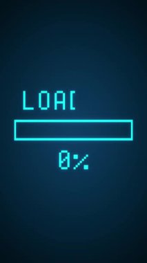 Pikselleştirilmiş bir yükleme çubuğunun dikey video canlandırması ve koyu mavi arkaplana yüklenen ileti - soyut arkaplan.