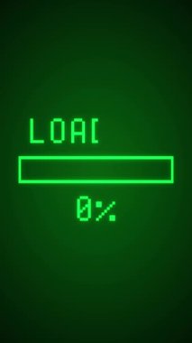 Pikselleştirilmiş bir yükleme çubuğunun dikey video canlandırması ve koyu yeşil arkaplanda yüklenen ileti - soyut arkaplan.