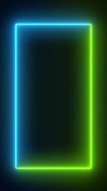 Yeşil ve mavi renkli parlayan neon dikdörtgenlerin video animasyonu - soyut arkaplan - dikey görüntü.