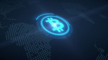 Bitcoin logosunun koyu arkaplanda HUD ile mavi renkte video animasyonu - dijital para birimi - kripto para birimi