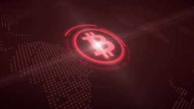 Bitcoin logosu kırmızı ile koyu arka planda HUD 'nin video animasyonu - dijital para birimi - şifreli para