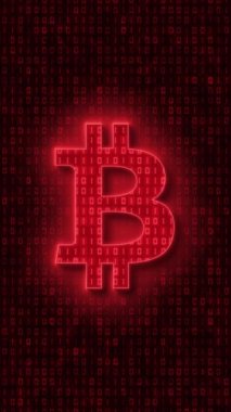 Dikey video animasyonu - Bitcoin işareti açık kırmızı ve arka planda koyu kırmızı ikili kod kodlaması. - soyut arkaplan taşınıyor