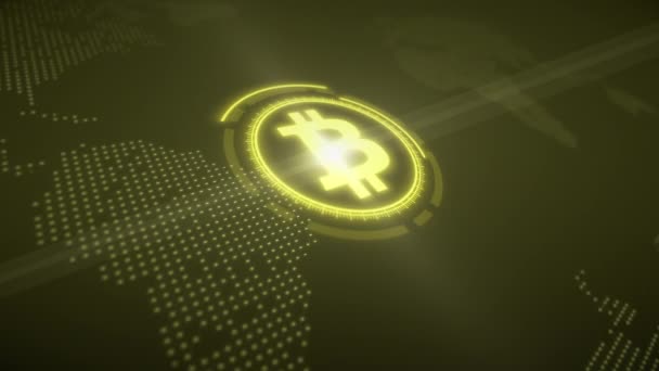 暗い背景にHudで黄色のビットコインロゴのビデオアニメーション デジタル通貨 暗号通貨 — ストック動画