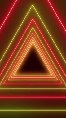 Birçok neon sarısı üçgenin dikey video animasyonu ve koyu arkaplanda neon kırmızısı. - Soyut arkaplan - Kusursuz döngü