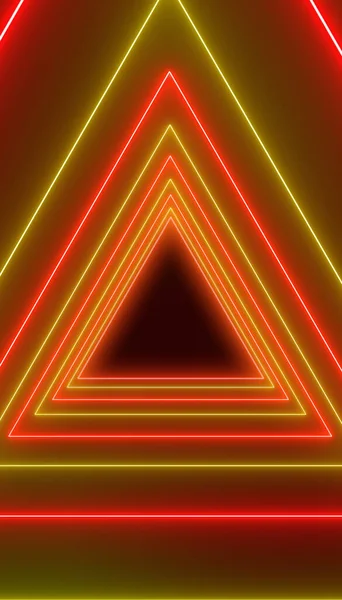 Illustration Vieler Dreiecke Neongelb Und Neonrot Auf Dunklem Hintergrund Abstrakter — Stockfoto