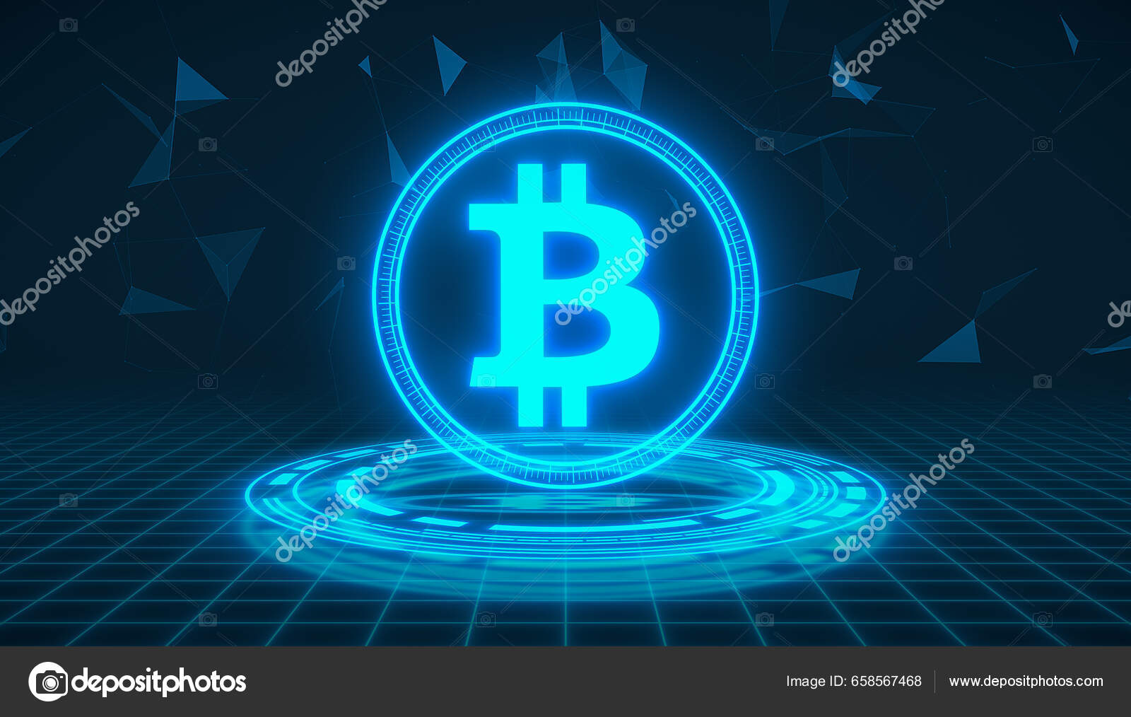 Illustation Logotipo Bitcoin Azul Com Hud Fundo Escuro Moeda Digital — Foto  editorial © marog-pixcells #658567468