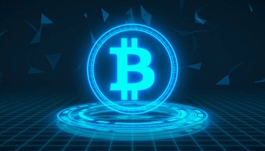 Bitcoin logosunun koyu arkaplanda yüksek çözünürlüklü mavi logosu - dijital para birimi - şifreli para birimi