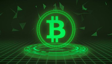 Bitcoin logosunun koyu arka planda yüksek çözünürlüklü yeşil logosu - dijital para birimi - şifreli para