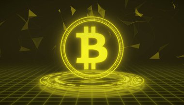 Bitcoin logosunun sarısı ve koyu arka planda yüksek çözünürlüklü hali - dijital para birimi - kripto para birimi
