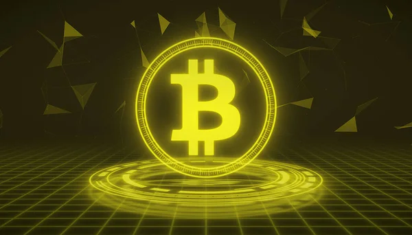 Логотип Bitcoin Желтого Цвета Темном Фоне Цифровая Валюта Криптовалюта — стоковое фото