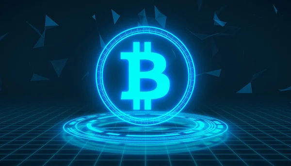 Illustration Des Bitcoin Logos Blau Mit Hud Auf Dunklem Hintergrund lizenzfreie Stockfotos