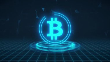 Bitcoin logosunun koyu arkaplanda HUD ile mavi renkte video animasyonu - dijital para birimi - kripto para birimi