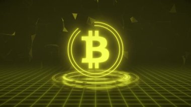 Bitcoin logosunun sarı renkli ve koyu arka planda yüksek çözünürlüklü video animasyonu - dijital para birimi - şifreli para