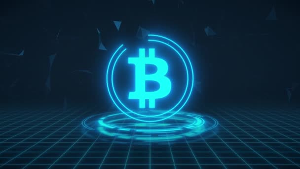 Відео Анімація Логотипу Bitcoin Синім Кольором Hud Темному Фоні Цифрова — стокове відео