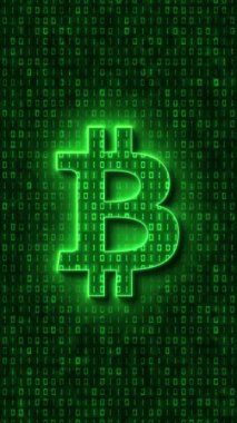 Dikey video animasyonu - Bitcoin işareti açık yeşil ve arkaplanda koyu yeşil kod kodlaması. - soyut arkaplan taşınıyor