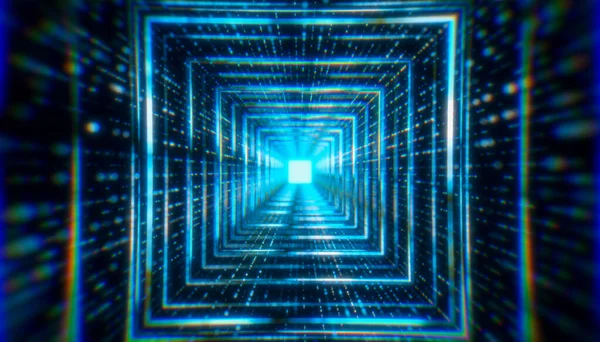 Illustration Von Quadraten Einem Tunnel Mit Teilchen Vor Dunklem Hintergrund — Stockfoto