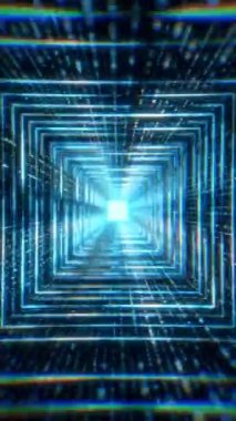 Karanlık bir arkaplan üzerinde hareket eden parçacıkların olduğu bir tüneldeki karelerin dikey video canlandırması - soyut arkaplan