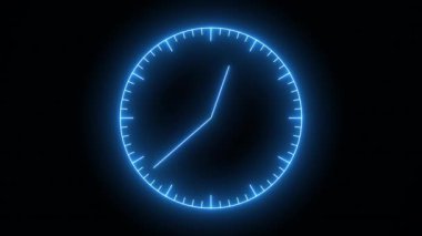 Analog saatin video animasyonu. Siyah zemin üzerinde neon mavisi 12 saatlik dikişsiz oklarla hareket ediyor. Stopwatch animasyonu. 