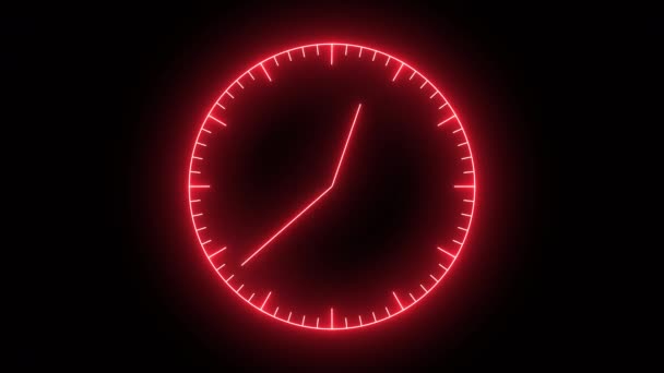 画面动画模拟时钟移动箭头在无缝12小时回圈的霓虹灯红色的黑色背景 秒表动画 — 图库视频影像
